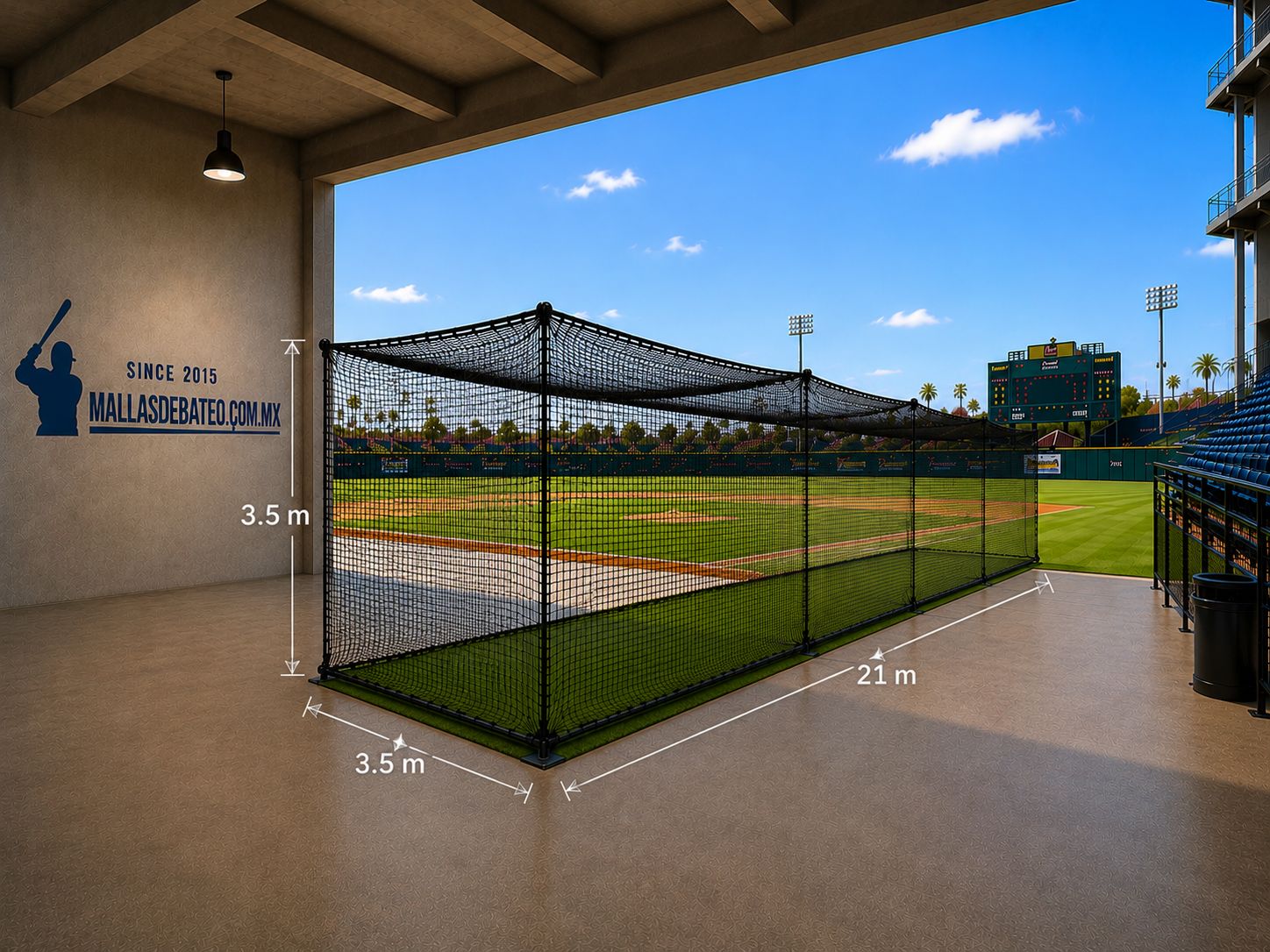 Jaula de bateo con malla de alto impacto en campo de béisbol